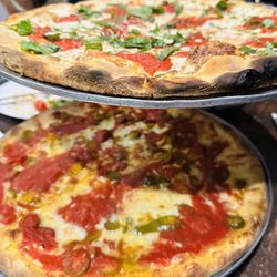 Denino's Pizza Place - Margherita Pie Thin Crust Pizza on top, hot pepper pie on the bottom