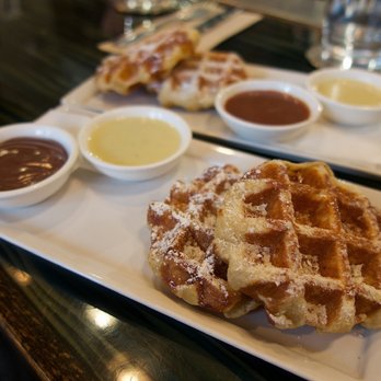 Medina Cafe - Liege Style Waffles with milk chocolate lavender, white chocolate pistachio rose water, raspberry caramel - Breakfast & Brunch Near Me - Vancouver, British Columbia