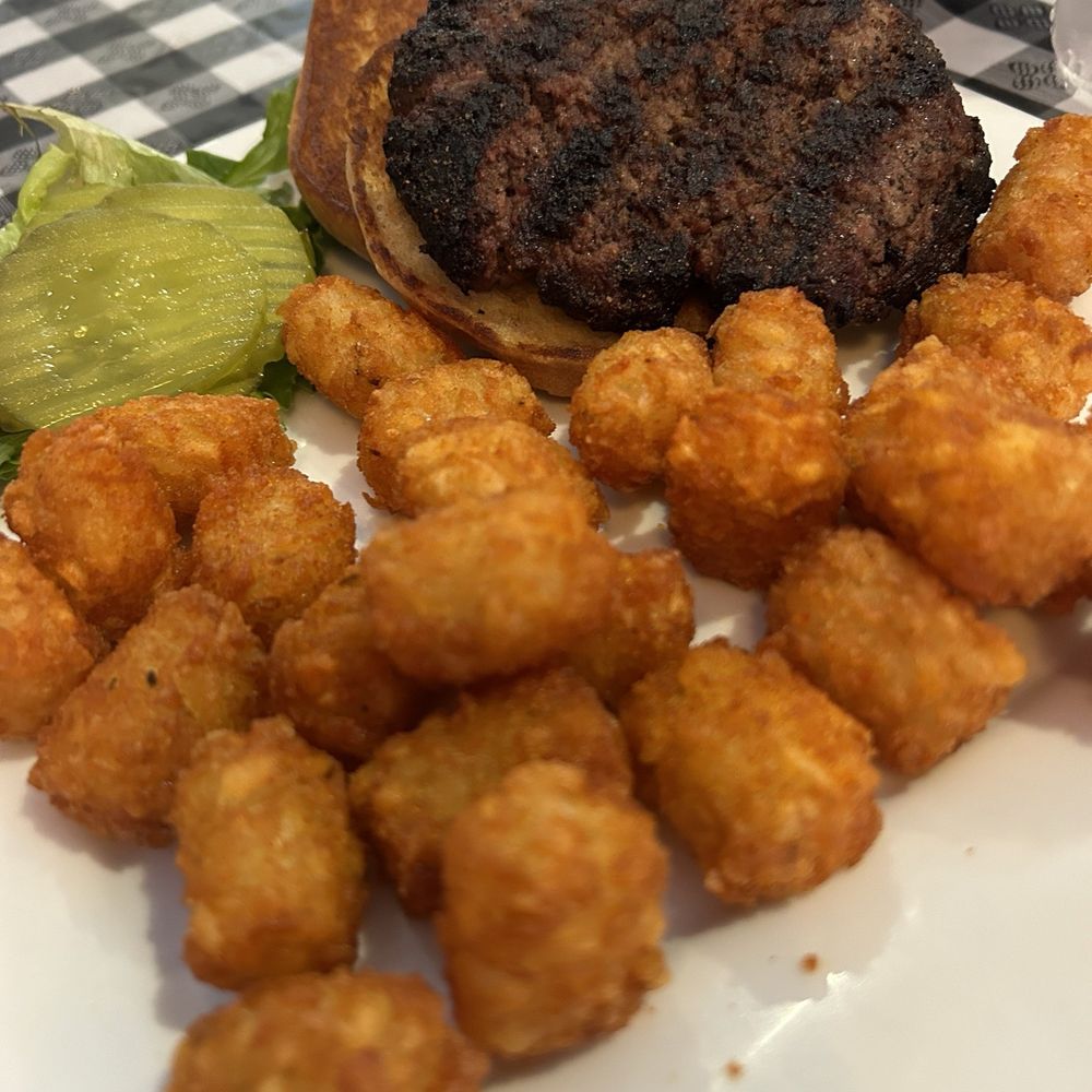 Charbroiled burger and tots Charbroiled burger and tots