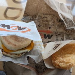 A&W - Egg sausage and cheese sandwich, hash browns