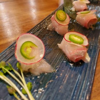 EBESU Robata & Sushi - Kanpachi Crudo - jalapeno is actually spicy! Paired well with vinaigrette - Sushi Bars Near Me - Plano, Texas EBESU Robata & Sushi - Kanpachi Crudo - jalapeno is actually spicy! Paired well with vinaigrette - Sushi Bars Near Me - Plano, Texas