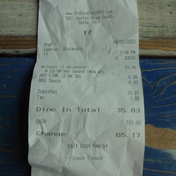 Old Southern BBQ Smokehouse - Final tab - lunch. - Barbeque Near Me - Hudson, Wisconsin Old Southern BBQ Smokehouse - Final tab - lunch. - Barbeque Near Me - Hudson, Wisconsin