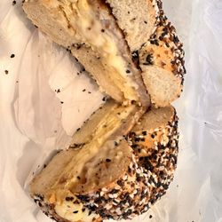 Bears Bagels - Everything bagel toasted, Classic egg and cheese, add sausage.