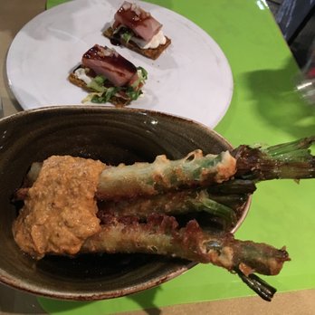 Somorrostro - Skip Jack with Pistachios and Sour Cream (top) and Calcots in Tempura with "Ronesco" - Catalan Near Me - Barcelona, B Somorrostro - Skip Jack with Pistachios and Sour Cream (top) and Calcots in Tempura with "Ronesco" - Catalan Near Me - Barcelona, B