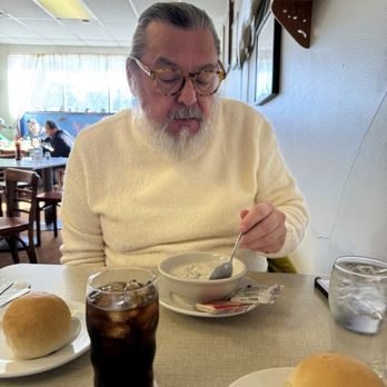 Scotty Simpson's Fish & Chips - Celebrity yelper Jeffrey R (dressed to coordinate with the soup) enjoying a bowl of clam chowder. - Fish & Chips Near Me - Detroit, Michigan Scotty Simpson's Fish & Chips - Celebrity yelper Jeffrey R (dressed to coordinate with the soup) enjoying a bowl of clam chowder. - Fish & Chips Near Me - Detroit, Michigan