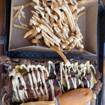Burger 3000 - Double smash burger Oklahoma style with bacon, kimchi and jalapeños and a side of seasoned fries with their sauce. - Burgers Near Me - Chatsworth, California