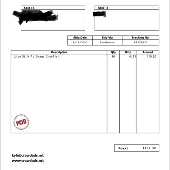 Kyle LeBlanc Crawfish Farms - Invoice for order which says size is XL - Seafood Markets Near Me - Raceland, Louisiana Kyle LeBlanc Crawfish Farms - Invoice for order which says size is XL - Seafood Markets Near Me - Raceland, Louisiana
