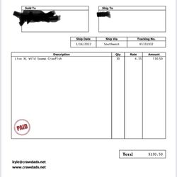 Kyle LeBlanc Crawfish Farms - Invoice for order which says size is XL
