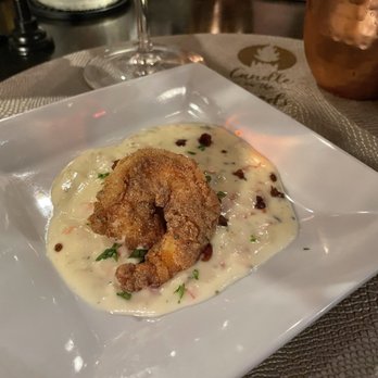 Candle in the Woods - Ravioli in Samuca & giant prawn & chipotle candied bacon - Wine Bars Near Me - Athol, Idaho