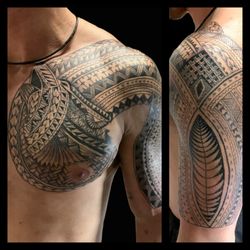 Balinese Tattoo - Polynesian chest and half sleeve tattoo