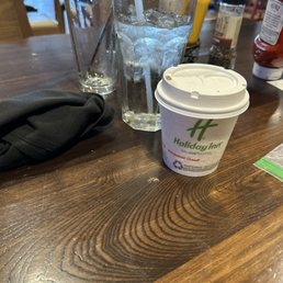 My hotel coffee and really good ice water. Great ambiance at the restaurant too. My hotel coffee and really good ice water. Great ambiance at the restaurant too.