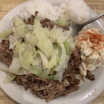 Aloha Kitchen - Kalua pork w/ cabbage, 2 scoops rice and 1 scooo Mac salad - Hawaiian Near Me - Silverdale, Washington