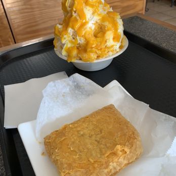 Kamurocho - Beef Patty (front), Mango flavored shaved ice (back). - Shaved Ice Near Me - Pleasanton, California