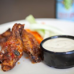 Sweet and Spicy Chicken Wings with blue cheese on the side