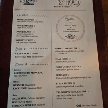 The Osprey - Happy Hour menu as of 12/30/2024 - Seafood Near Me - Orlando, Florida