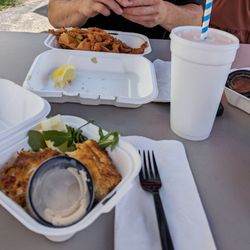 Goody’s Lobster Shack - Crab cakes & fried clam roll. Shrimp cocktail on the right
