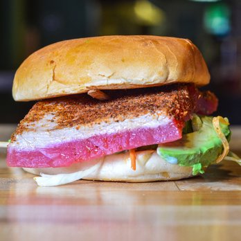 Big Buns - The Curious Craiggers // Sushi-grade Ahi Tuna brushed with sweet Thai chili sauce, Asian slaw, pickled ginger, avocado, wasabi aioli - Burgers Near Me - Arlington, Virginia