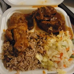 Yaad Style Cuisine - Brown stew chicken-- roti was out of stock and substituted with rice and peas and cabbage.