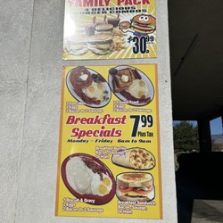Mega Burgers - Specials menu and prices Monday through Friday 6:00am-9:00am