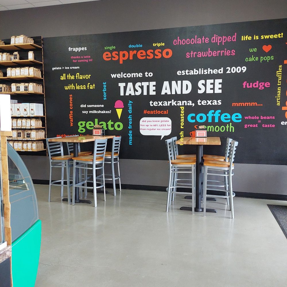 Taste and See - This is one of the walls when you come in. I like the fact- Gelato is 60% less fat than ice cream! Means I can eat more, Right? - Gelato Near Me - Texarkana, Texas Taste and See - This is one of the walls when you come in. I like the fact- Gelato is 60% less fat than ice cream! Means I can eat more, Right? - Gelato Near Me - Texarkana, Texas