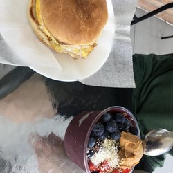 Rooted and Rind - Acai bowl and cheese and egg sandwich