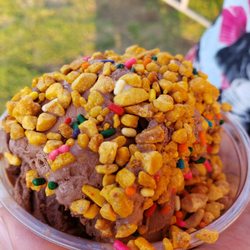 Choc peanut butter hard serve with crunch coating