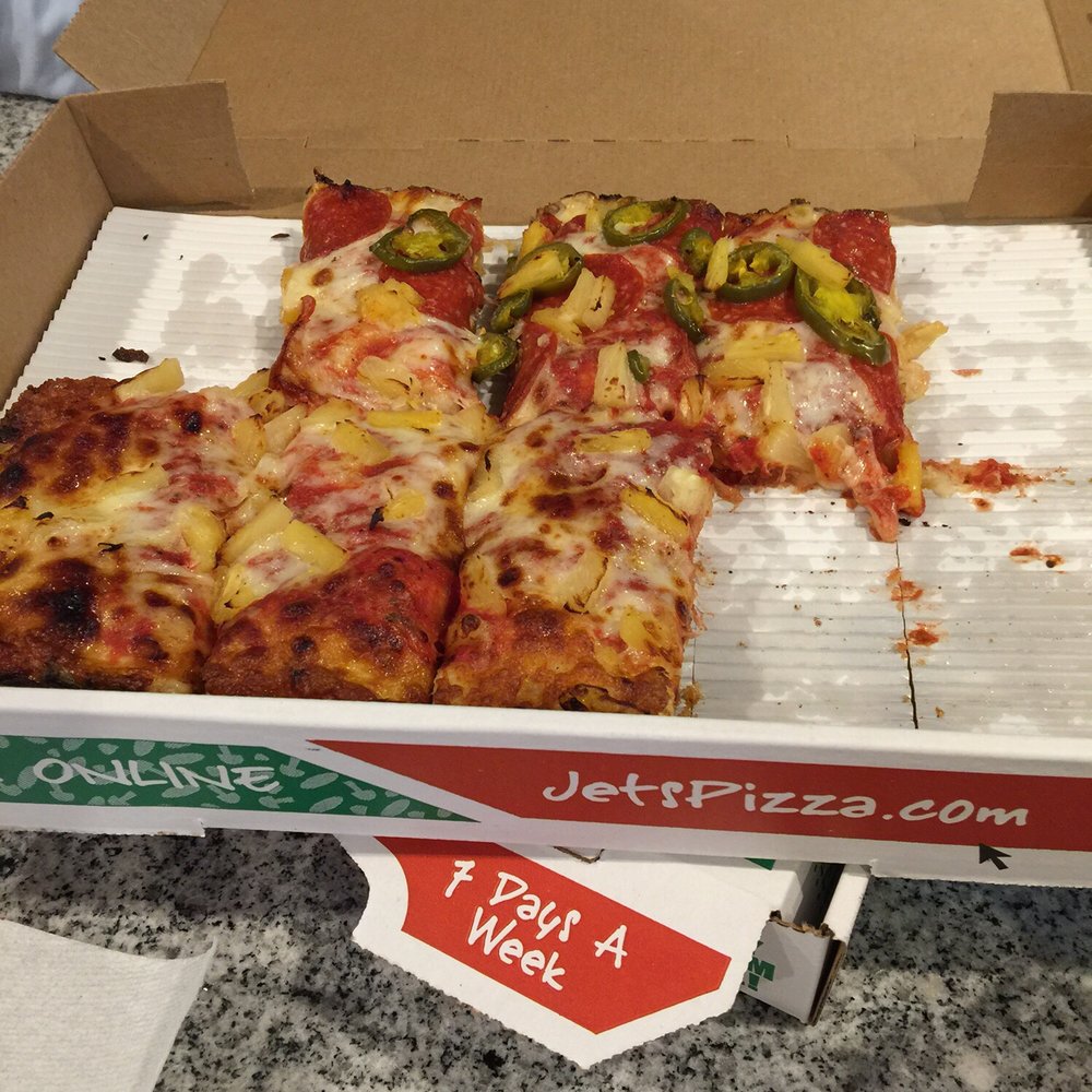Jet's Pizza - Half Hawaiian, half pepperoni and jalapeño - Pizza Near Me - Dayton, Ohio Jet's Pizza - Half Hawaiian, half pepperoni and jalapeño - Pizza Near Me - Dayton, Ohio