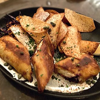 Taxim - Fish Gyros: with Cypriot tahini sauce and fried colocasi - Greek Near Me - Chicago, Illinois