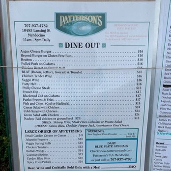 Patterson's Pub - Regular Menu - American Near Me - Mendocino, California Patterson's Pub - Regular Menu - American Near Me - Mendocino, California