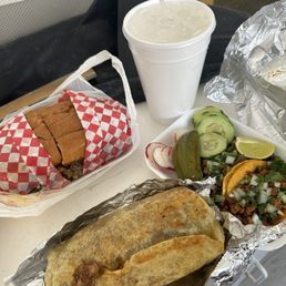 Torta (asada & pastor), burrito (asada & pastor), 2 tacos (asada & pastor), horchata Torta (asada & pastor), burrito (asada & pastor), 2 tacos (asada & pastor), horchata