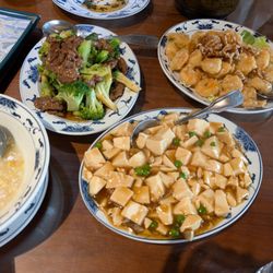 Gin Mon Restaurant - Chicken corn soup, broccoli beef, tofu, and honey walnut shrimp!