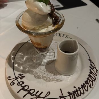 Luckys Steakhouse - Complimentary dessert for our anniversary. Very nice of the waitress. - Steakhouses Near Me - Montecito, California Luckys Steakhouse - Complimentary dessert for our anniversary. Very nice of the waitress. - Steakhouses Near Me - Montecito, California