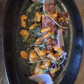 Esteban Restaurant - Pulpo Frito - crispy Spanish octopus, chimichurri potatoes, tomatillo salsa, guajillo aioli, citrus oil - Spanish Near Me - Monterey, California