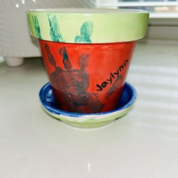 Pick N Paint Pottery - Handprint flower pot with dish - Paint-Your-Own Pottery Near Me Pick N Paint Pottery - Handprint flower pot with dish - Paint-Your-Own Pottery Near Me