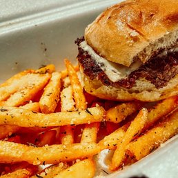 Slider and fries. Came with two sliders, but I ate the first one before I remembered to take a picture! Slider and fries. Came with two sliders, but I ate the first one before I remembered to take a picture!