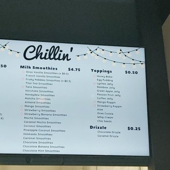 Chillin' - Here is Chillin' s menu. My family and I enjoy coming here and drinking one of their outstanding beverages. - Bubble Tea Near Me - Whittier, California Chillin' - Here is Chillin' s menu. My family and I enjoy coming here and drinking one of their outstanding beverages. - Bubble Tea Near Me - Whittier, California