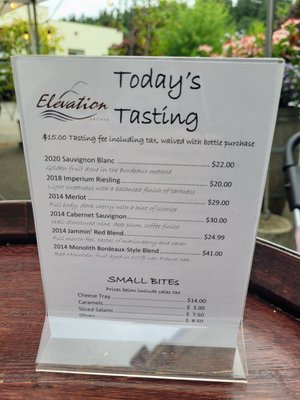 Photo of Elevation Cellars - Woodinville, WA, US. Tasting Menu