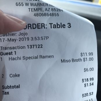 Hachi Ramen - After returning my short black hair soup we paid 20 bucks for 1 bowl of ramen and 2 small cokes. Ew. - Ramen Near Me - Tempe, Arizona Hachi Ramen - After returning my short black hair soup we paid 20 bucks for 1 bowl of ramen and 2 small cokes. Ew. - Ramen Near Me - Tempe, Arizona