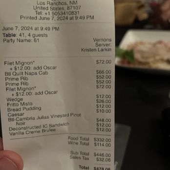 Vernon's Speakeasy - The bill for 4 - Steakhouses Near Me - Los Ranchos, New Mexico
