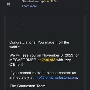 Form Charleston - 1 hour notice at 6:30am after not hearing nothing for days - Gyms Near Me - Charleston, South Carolina