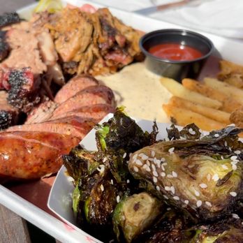 ABBQ - Sausage, brisket, and pulled pork with the side of brussels sprouts and fries. (3 meat combo with 2 sides) - Barbeque Near Me - Atlantic Beach, Florida