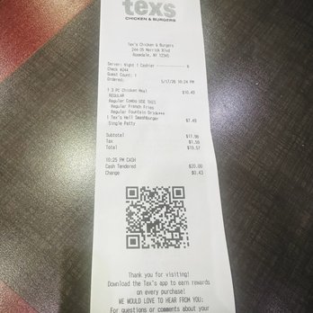 Tex's Chicken & Burgers - Receipt for food - Fast Food Near Me - Queens, New York
