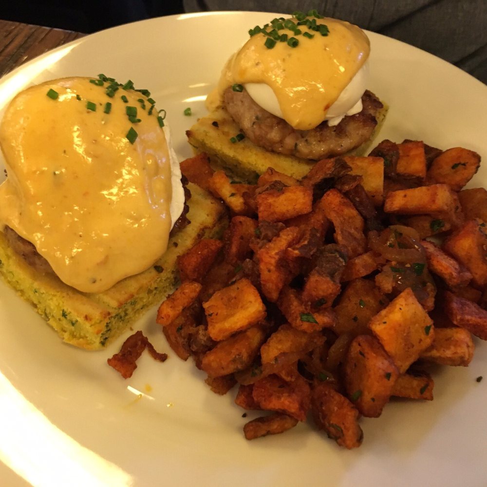 The Smith - Benedict Johnny -- Potatoes are crispy and well seasoned, cornbread instead of muffin, and the sausage. - New American Near Me - Washington, DC, District of Columbia The Smith - Benedict Johnny -- Potatoes are crispy and well seasoned, cornbread instead of muffin, and the sausage. - New American Near Me - Washington, DC, District of Columbia