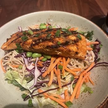 Hard Rock Cafe - Asian Noodle Bowl (minus red peppers) topped with Blackened Salmon - American Near Me - Hollywood, Florida Hard Rock Cafe - Asian Noodle Bowl (minus red peppers) topped with Blackened Salmon - American Near Me - Hollywood, Florida