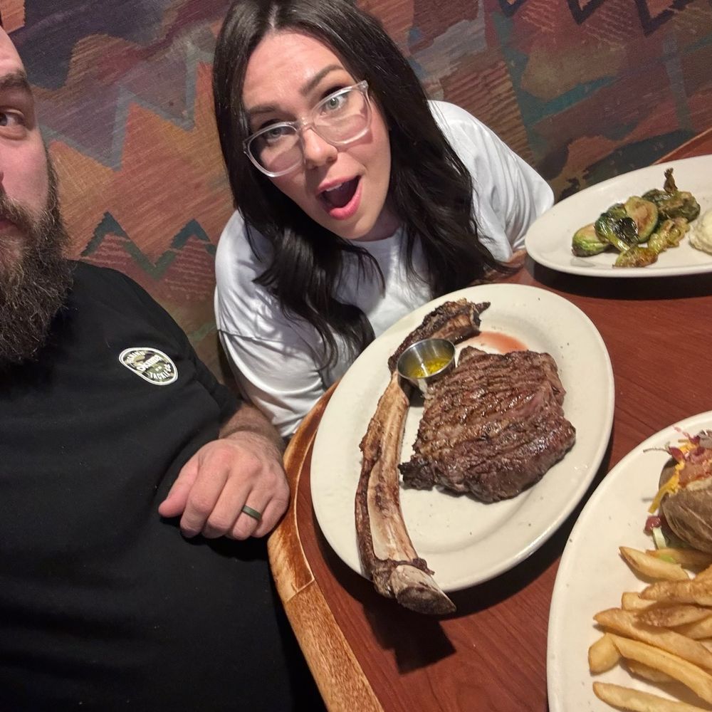 Tomahawk steak, Crispy Hot Honey Brussels Sprouts, potatoes, fries, Crispy Fried Calamari
