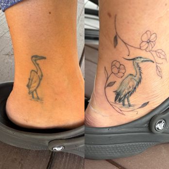 Yardley Tattoo - Before and after of egret tattoo with aftercare plastic still in place on reworked tattoo. - Tattoo Near Me - Yardley, Pennsylvania