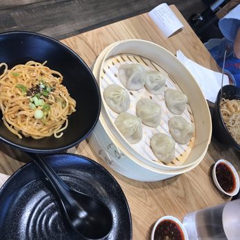 Dough Zone Dumpling House - Left Dan Dan Noodles, Middle Pork Soup Dumplings, Right Minced Pork Noodles - Dim Sum Near Me - San Jose, California