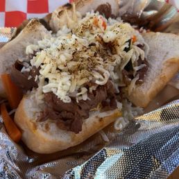 Yakiniku poboy--Garlic ribeye with mozzarella on Dong Phuong French bread