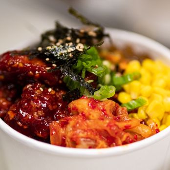 K Manna - Korean Fried Chicken (Boneless) cupbap. Comes with white rice, corn, japchae, and our homemade kimchi topped with green onions, seaweed. - Korean Near Me - Vallejo, California K Manna - Korean Fried Chicken (Boneless) cupbap. Comes with white rice, corn, japchae, and our homemade kimchi topped with green onions, seaweed. - Korean Near Me - Vallejo, California