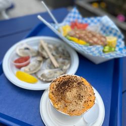 Hooked - Mac and cheese (front); oysters (middle); seared tuna (back).